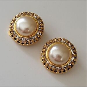 Earrings 𝅺Gold Tone Faux Pearl Crystal Clip On Earrings #0075